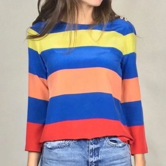 J. CREW Women's Striped Colorblock Blouse with Anchor Buttons - Size XXS - NWT - Picture 1 of 6